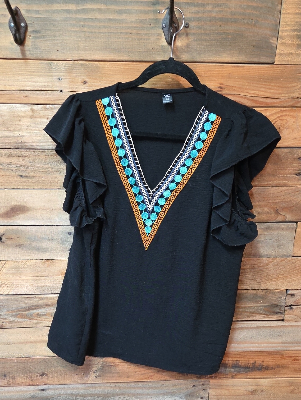 SHEIN Black Ruffle Sleeve Blouse with Turquoise & Orange Trim
